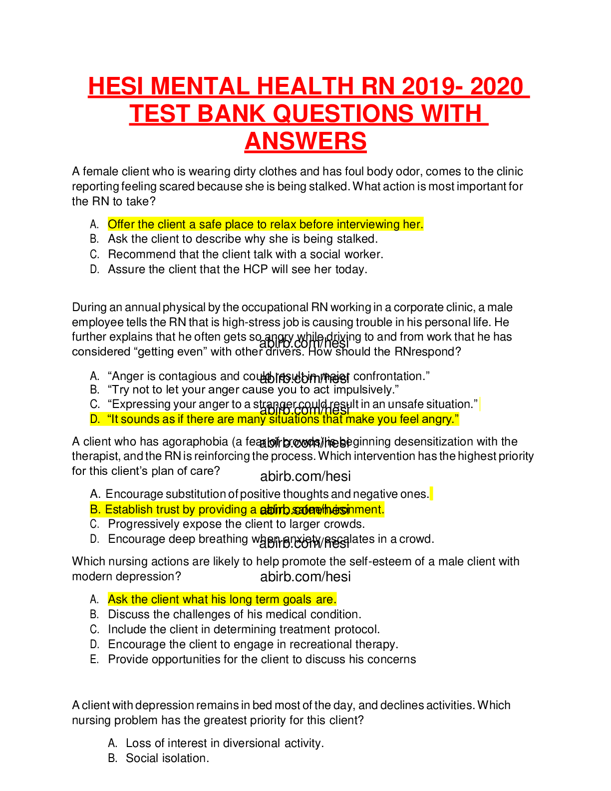 HESI MENTAL HEALTH RN 2019 2020 TEST BANK 45 PAGES QUESTIONS WITH ANSWERS